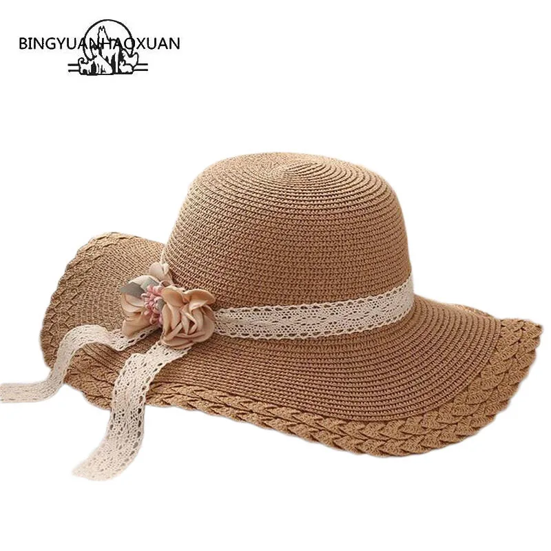 

BINGYUANHAOXUAN Summer Handmade Flower Large Brim Hats Children Trip Sunscreen hats Elegant Girl Cap