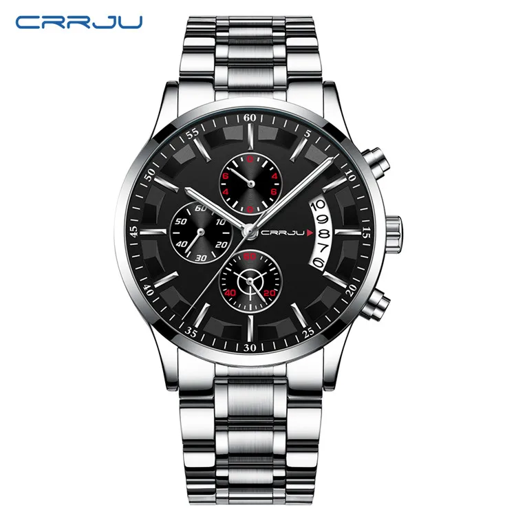 Мужские часы CRRJU Топ бренд водонепроницаемые спортивные часы с хронографом мужские повседневные кварцевые часы из нержавеющей стали Relogio Masculino - Цвет: S silver black