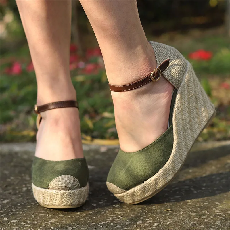 

Laamei Women Shoes Suede Wedges High Ankle Sandals Round Toe Casual Shoes 2019 New High Slope Round Head Sandals Casual Shoes