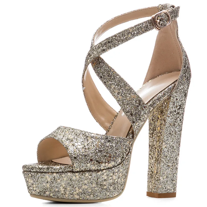 

2019 new sequined waterproof terrace with open toe cross straps thick heel super high heel sexy pure color summer sandals