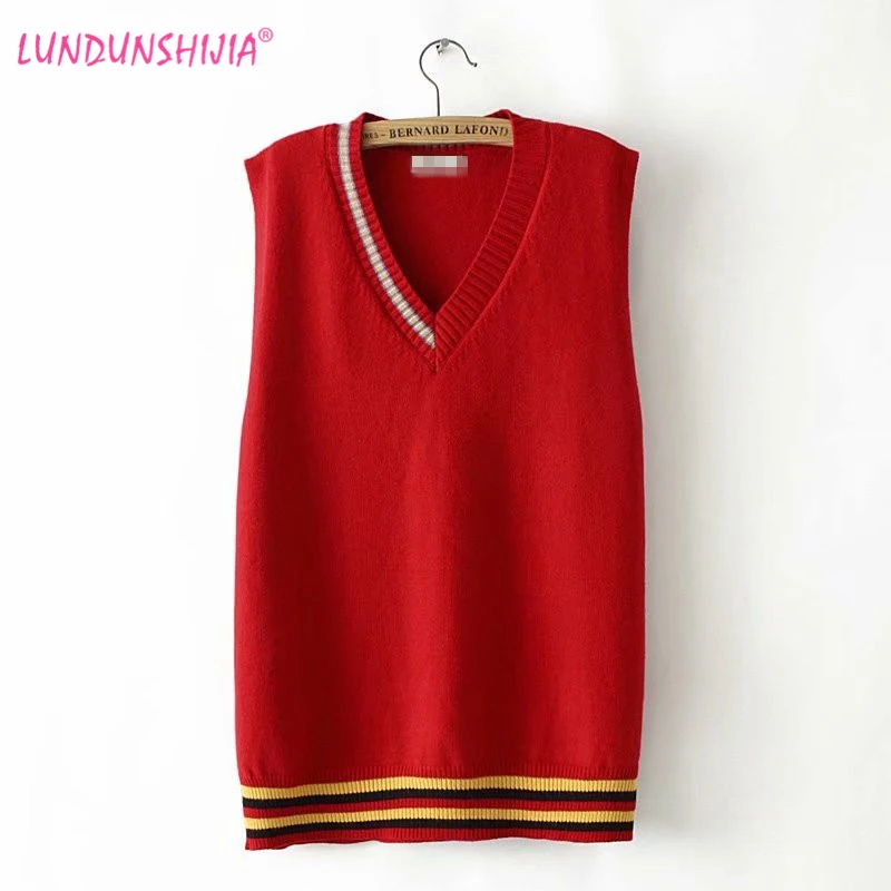 

LUNDUNSHIJIA 2019 Spring Autumn Patch Colors Vests Women Sleeveless Tops Ladies Preppy Look Knitting Vest Plus Size 2XL-4XL