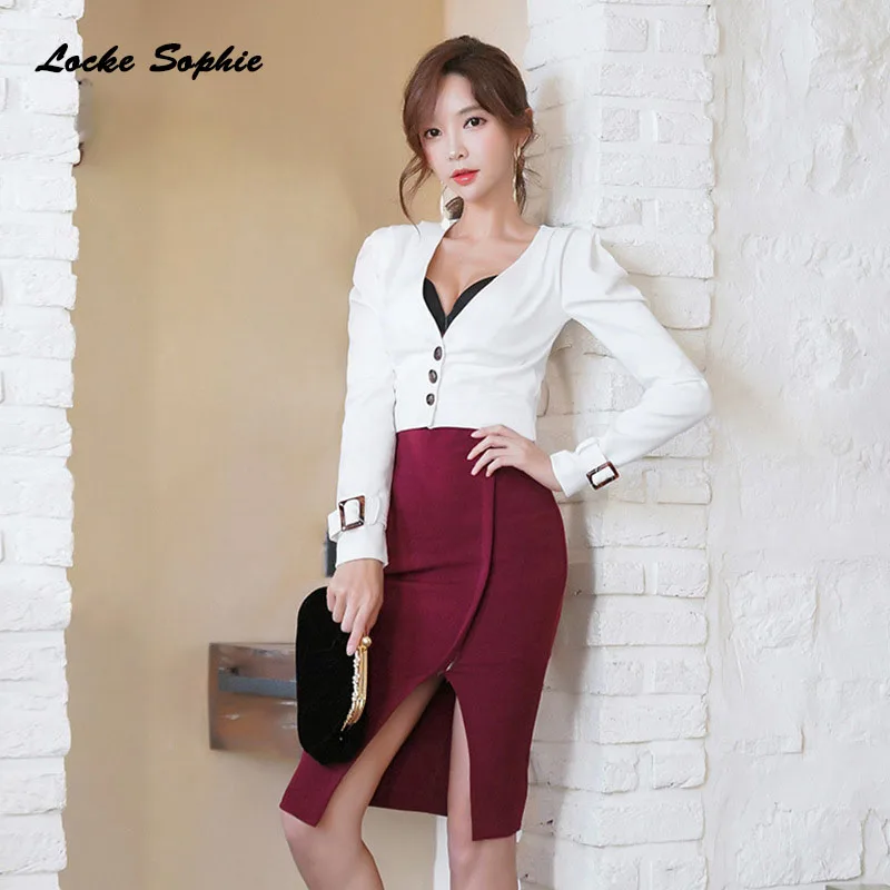 

2 piece set women tracksuits twinset tops and skirts 2019 Autumn cotton Splicing suits set ladies Skinny Sexy office track suits