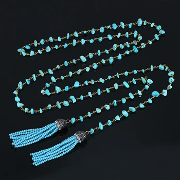 

Sea Blue Green Natural Stone Necklace Amazonite Turquoise Chips Bead Chain Necklace Handmade DIY Long Tassel Necklaces For Women