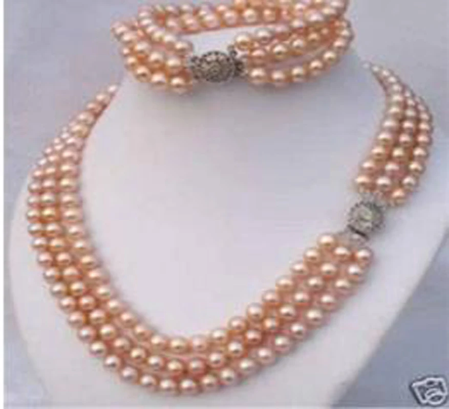 

NEW 3 Rows 7-8mm Pink Akoya Pearl Necklace Bracelet GE4545