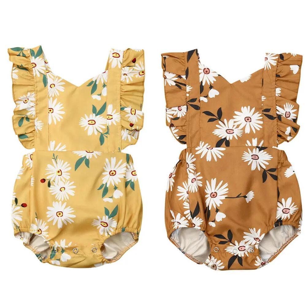 

Baby Lovely Yellow Daisy Flowers Bodysuits Newborn Toddler Girl Sunsuit One-piece Strappy Outfit