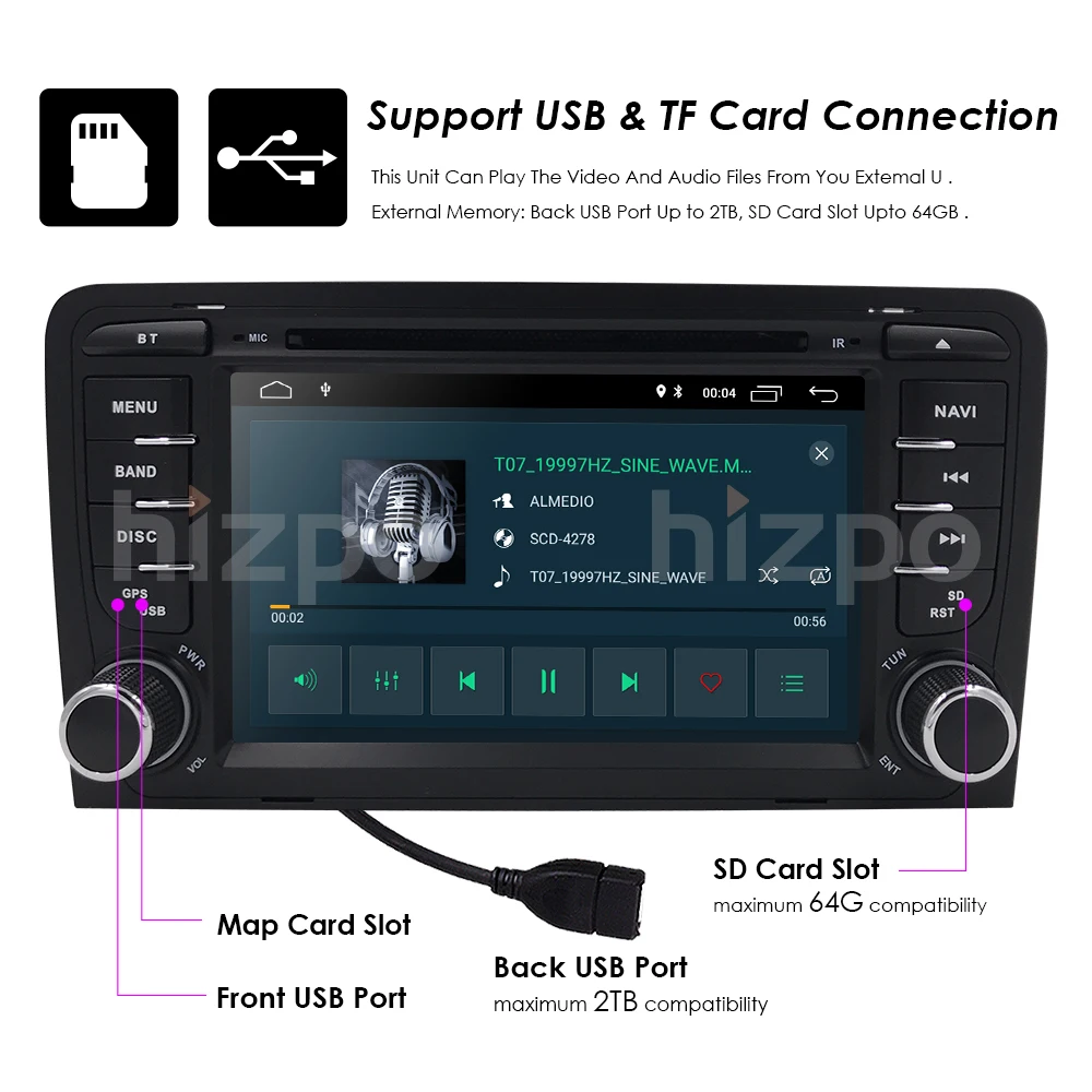 Excellent 2Din 7"1024x600 QuadCore 2GB/16GB/32GB Android 9.0 PC Car DVD GPS For Audi A3 S3 2003-2013 With Stereo Radio WiFi 4G OBD DVR CAM 20