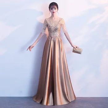 

Elegan Gold Stain Sequine Long Evening Dresses Half Sleeve 2019 New Formal prom party Dress Gown Special Occasion robe de soiree
