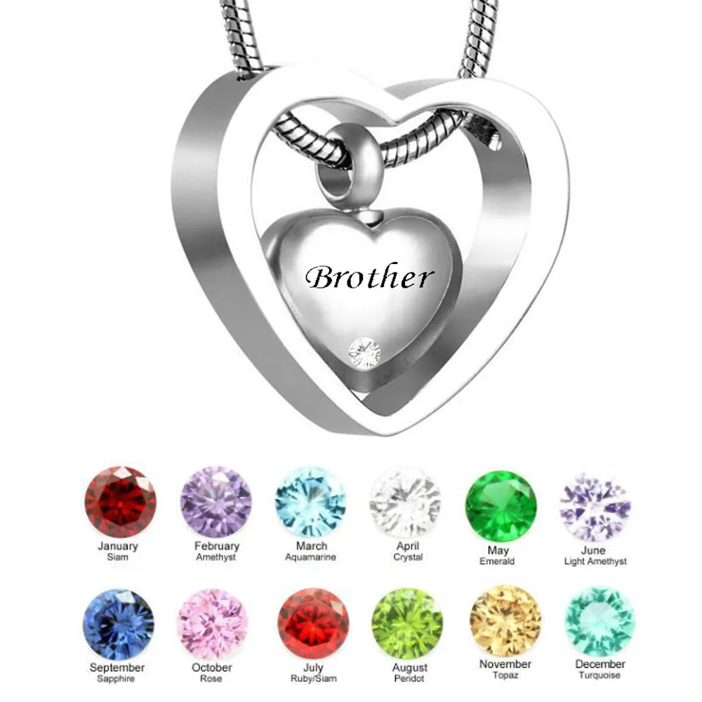 custom Double Heart brother Twelve months birthstone Urn Necklace ...