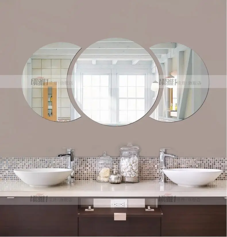 Three dimensional crystal wall stickers acrylic round bathroom mirror