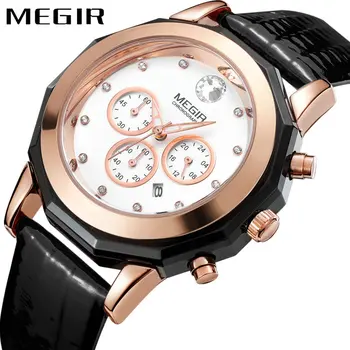 

MEGIR Fashion Women Watches Quartz Clock Patent Leather Strap Crystal Decoration Top Brand Luxury Rose Golden Ladies Wristwatch