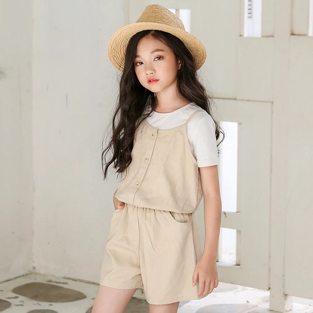 

2019 Summer Girls Fashion Solid Cotton Rompers Three-quarter Casual Girls Summer Shorts
