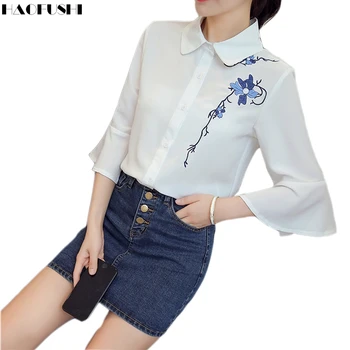 2017 new summer blouse embroidered flowers shirts Stand Collar Elegant Ladies Chiffon white shirt women tops Feminines