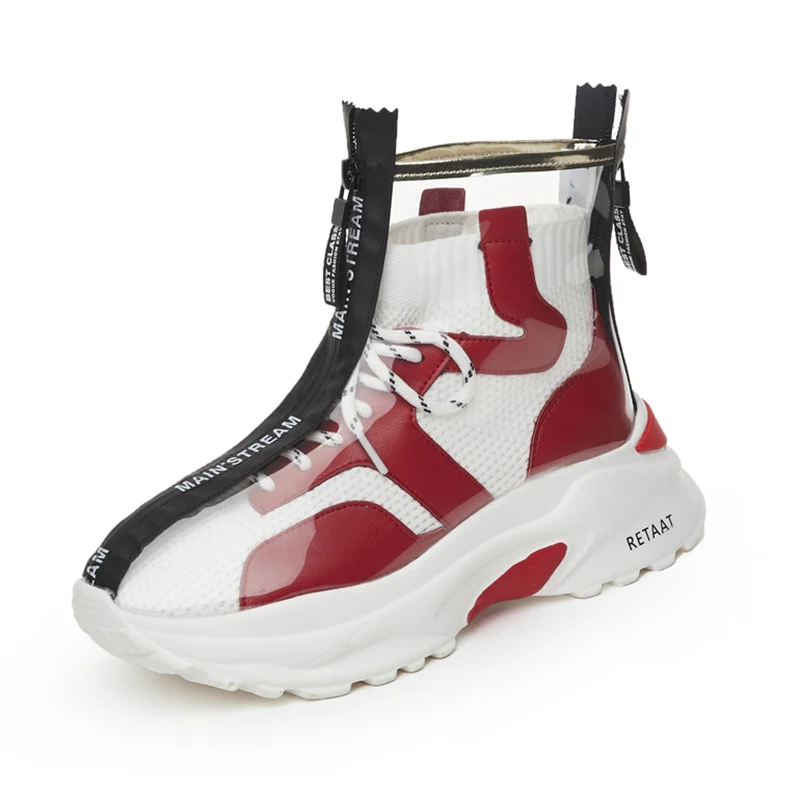 

2019 Fashion Transparent Rain Boots Women Waterproof Booties Cute Lace Up Zipper Platform Jelly Shoes Woman Flat Ankle Boots