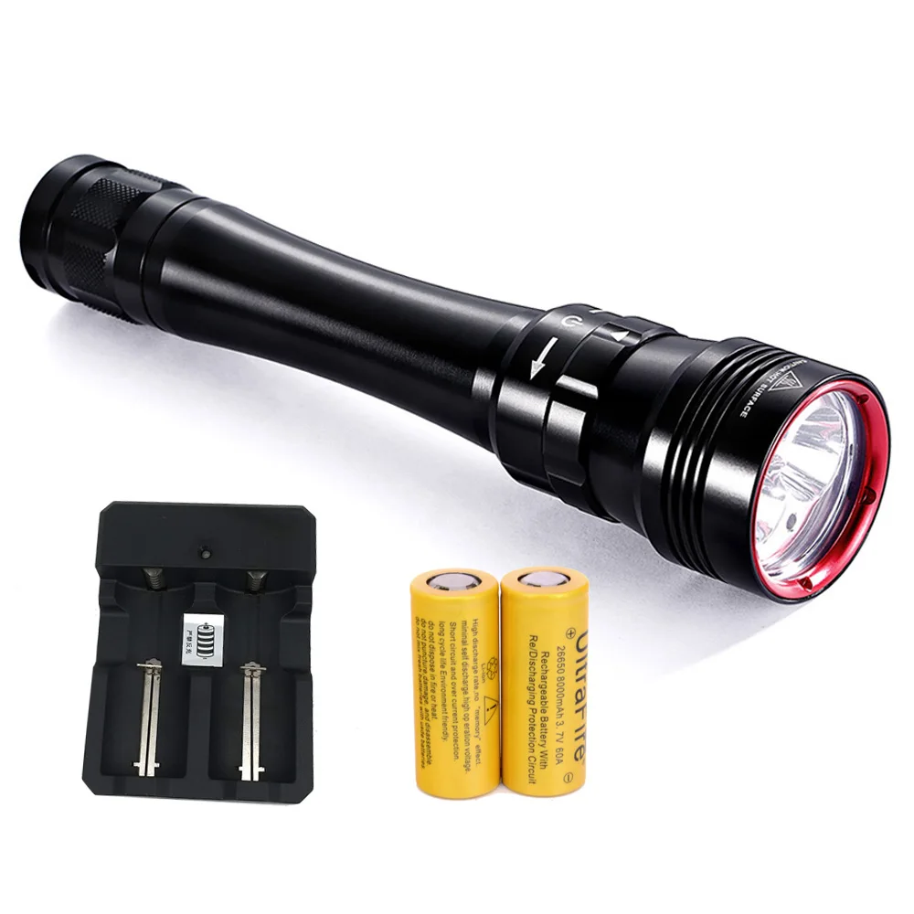 

Diving Flashlight 2xL2+2xBlue LED Light Underwater Depth 20-30M for Coral Photography Pictures with 2x 18650 or 26650 Battery +