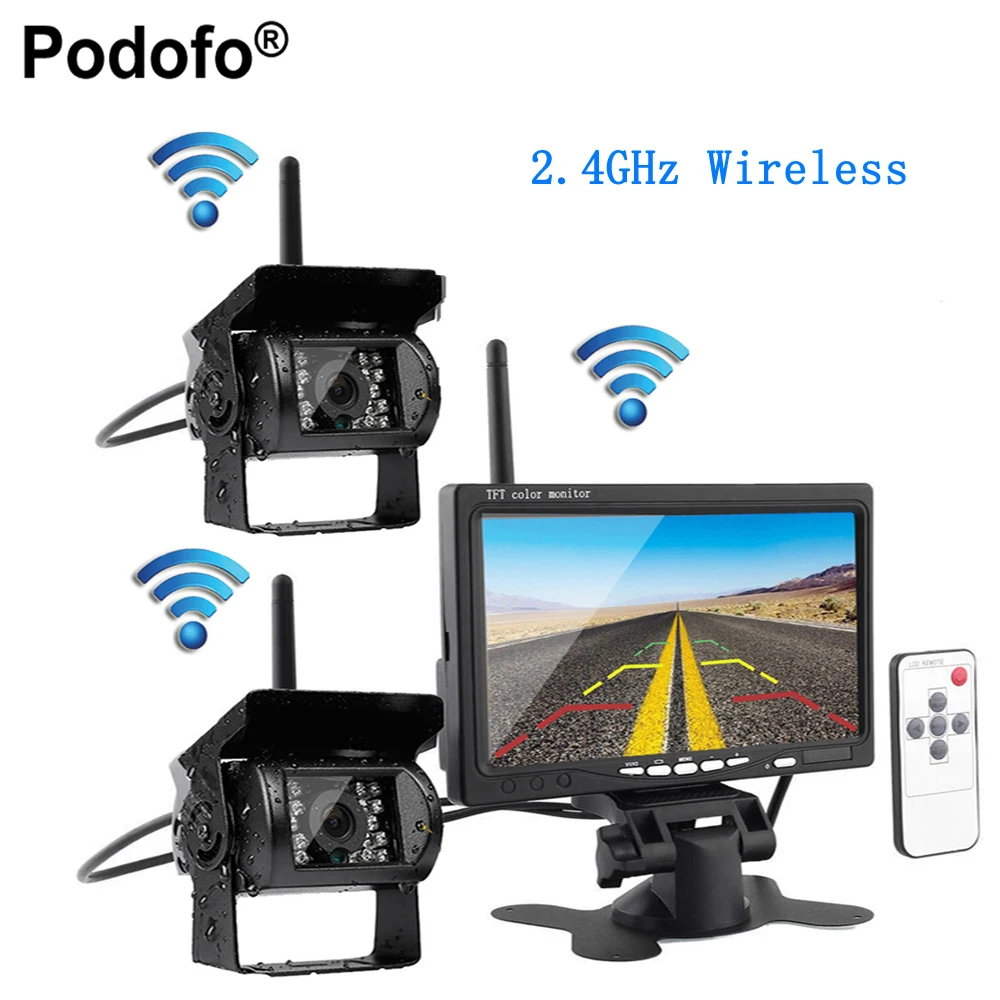 Podofo Wireless Vehicle Car 2 Backup Cameras Monitor, Ir Night Vision