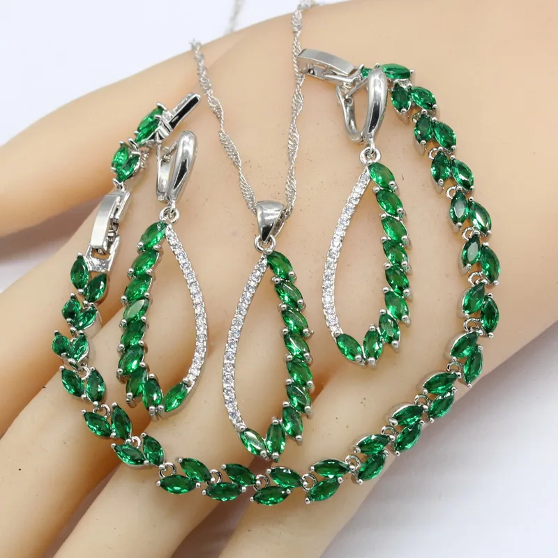 

925 Silver Jewelry Sets For Women Wedding Party Green Crystal Earrings Bracelet Rings Necklace Pendant 2018 New Arrival