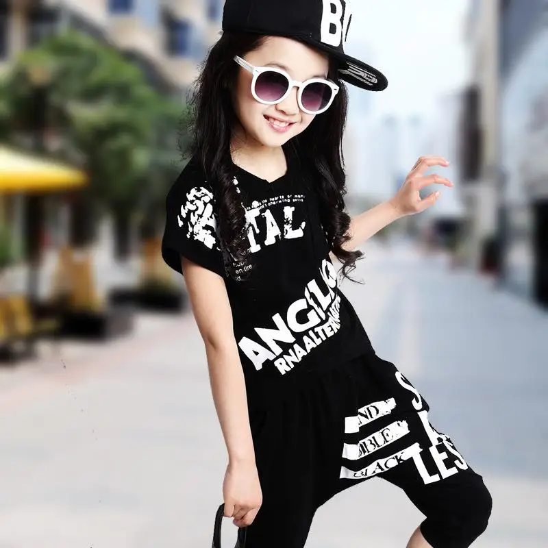 

Hip-Hop Style 2023 Summer Girls Active Short-Sleeve Dancing Clothing Set Kid Tees Harem Pant Twinset Children Sport Clothes X364