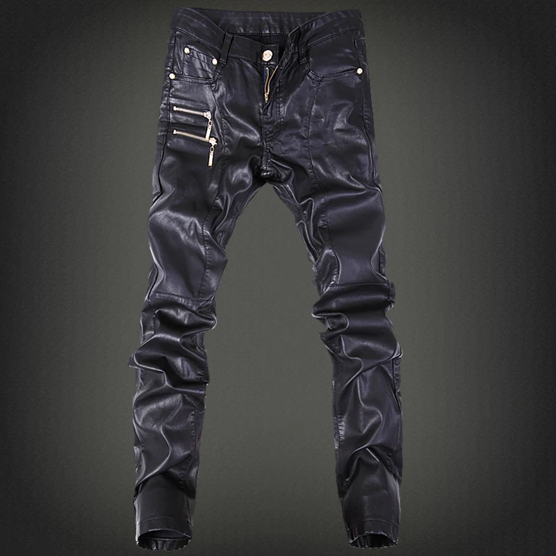 Fashion Brand Embroidered Leather Pants Men's Trousers DJ Club Leather Pants Jogging Cycling Locomotive Men Zipper Leather Pants 2