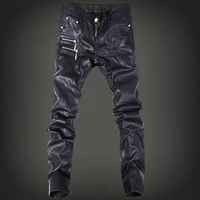 Fashion Brand Embroidered Leather Pants Men's Trousers DJ Club Leather Pants Jogging Cycling Locomotive Men Zipper Leather Pants 2