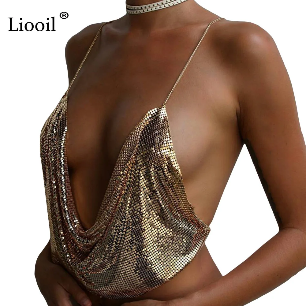 

Liooil Sexy Gold Backless Halter Crop Top Silver Shiny Sequin Tank Tops Women Summer 2019 V Neck Rave Clothes Party Cami Top