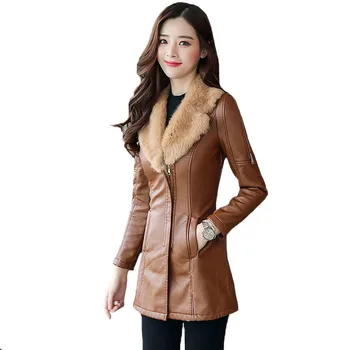 

Medium Style Women Winter Real Raccon Fur Collar Thick Leather Coat 2018 New Female Warm Jacket PU Overcoat Plus Size 4XL X18