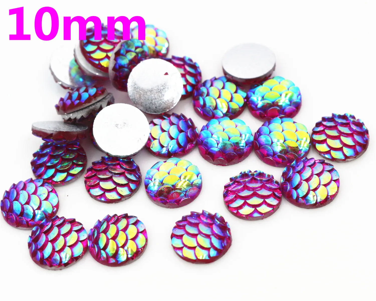 

10mm 40pcs/Lot Rose Red AB Colors Fish scales Style Flat back Resin Cabochons For Bracelet Earrings accessories-O2-13