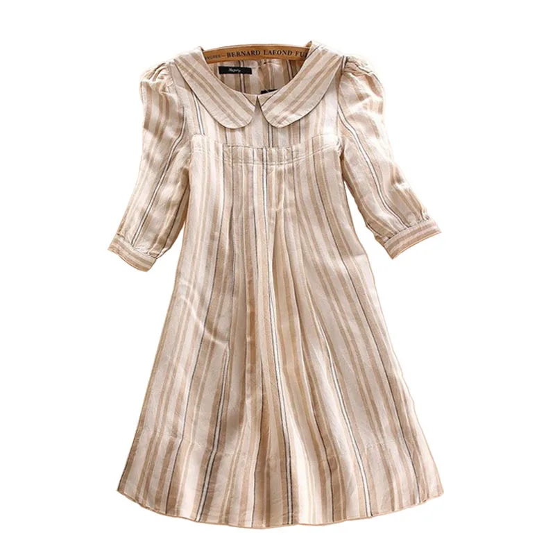 

Summer Dress New Preppy Girls Peter Pan Collar Comfortable Cotton Linen dress Autumn vestidos Striped women dresses XS-XL
