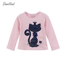 Fashion brand domeiland 2017 Kids Girl Clothes Print Rhinestone Cat Bow Long Sleeve T Shirts Elastic Spandex baby Clothing