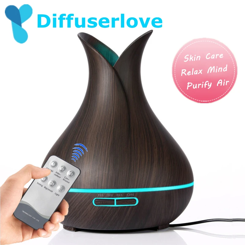 

Diffuserlove 400ml Wood Grain Air Humidifier Remote Control Household Essential Oil Diffuser 7 Color Changing LED Night Light