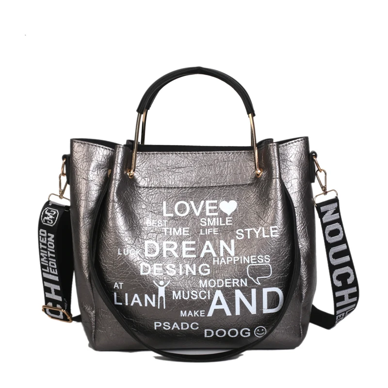 Женская сумка через плечо большой вместимости, модная сумка, Повседневная Сумка-клатч с буквенным покрытием, роскошная брендовая модная сумка - Цвет: Gun color