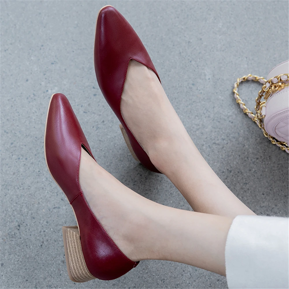 

Fashion Hot Genuine Cow Leather Slip On Causal Pumps Woman Shoes Chunky Heels Retro Shoes Woman Pumps Female