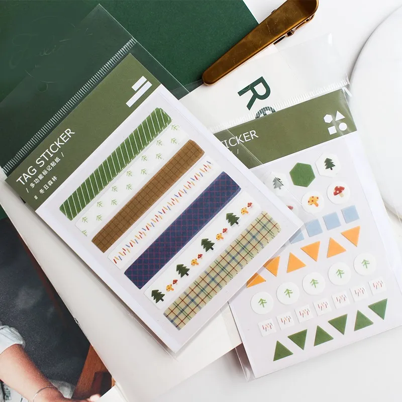 

9designs square triangle round hexagon shape cutting sticker green forest design decorative strip sticker set 2sheets/pack