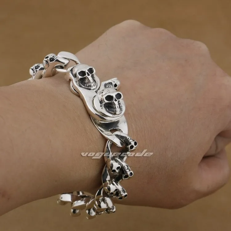 

8 Lengths 925 Sterling Silver Handmade Skulls Mens Biker Punk Bracelet 9N005 Free Shipping