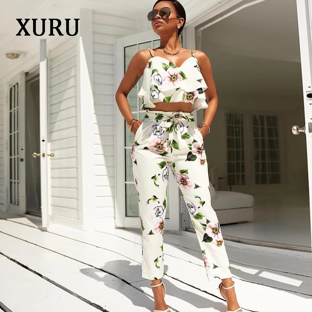 XURU Floral Print Ruffle Jumpsuits Romper Sexy Strap Short Top Two Piece Set Regular Off Shoulder Rompers Summer Women Jumpsuit Jumpsuits and Playsuits