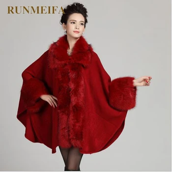 

[RUNMEIFA] Women Fox Fur cape Coat Cashmere Cardigan Hooded cape Fur Collar Coat Fashion Women's Luxury Fur Coat