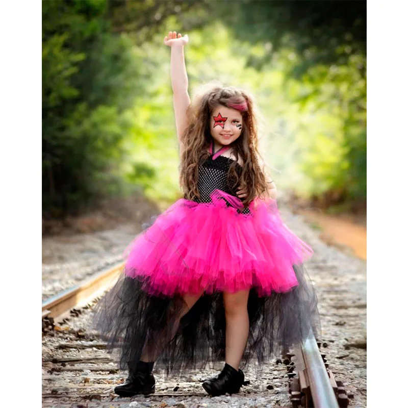 

Girls Halloween Tutu Dress Rock Roll Star Cosplay Theme Party Girls Ball Gown Tailing Irregular Vestidos For Photo props 2-10Y