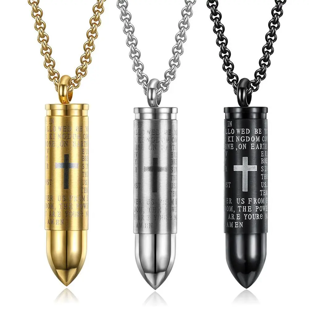 

Bullet cross creative new men's accessories 3 colores scripture pendant bullet letter stainless steel necklaces pendants