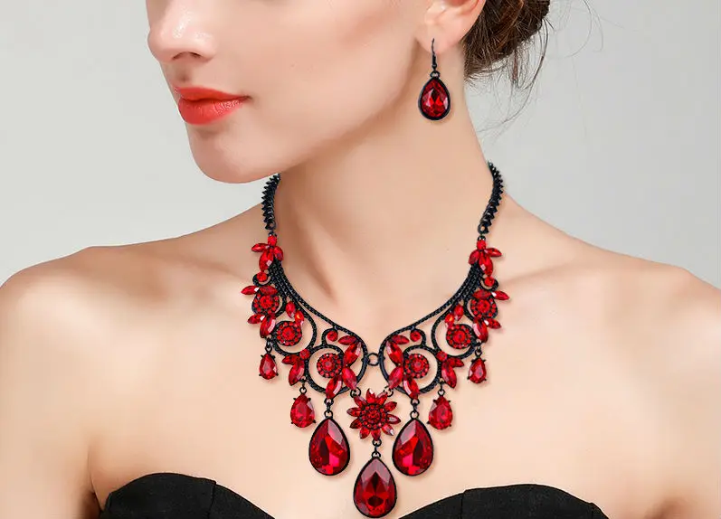 Tuliper Сержи Ретро цветок ожерелье серьги набор кристалл мода набор украшений для женщин вечерние колье ожерелье мангальсутра