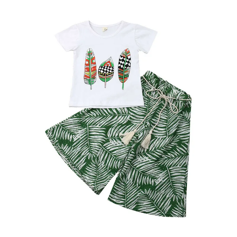 

Infant Baby Girls Kids Clothes Leaves Print Tops T Shirt+Wide Leg Pants Outfits Baby Set Casual Sports Clothing