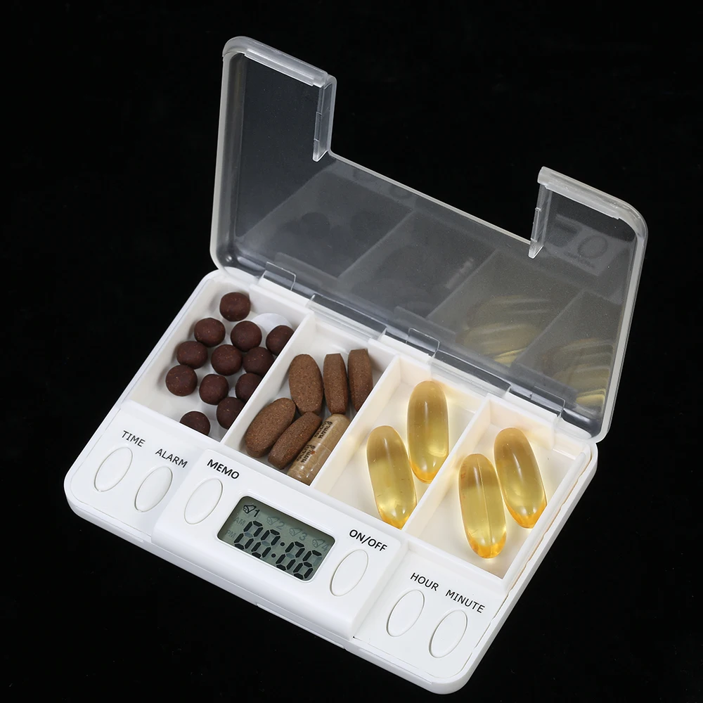

Carevas Pill Box 4 Grid Pill Reminder Medicine Box Organizer with Timer Portable Pill Dispenser Planner 4 Beeping Alarm Clock