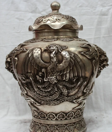 

JP S61 12" Marked Chinese Silver Phoenix Lion Statue 8 Auspicious Symbol Vase Jar Pot (B0413)