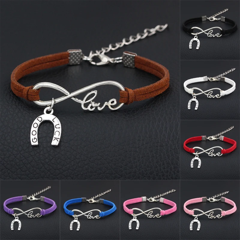 

2019 New Cute Horseshoe Charm Bracelet Antique Silver Pendants Diy Handmade Infinity Love Leather Bracelets Women Gift