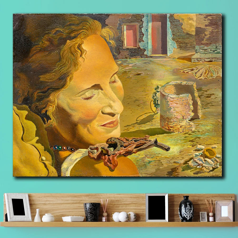 Portrait of Gala with Two Lamb Chops Balanced on Her Shoulder by Salvador Dali 1933