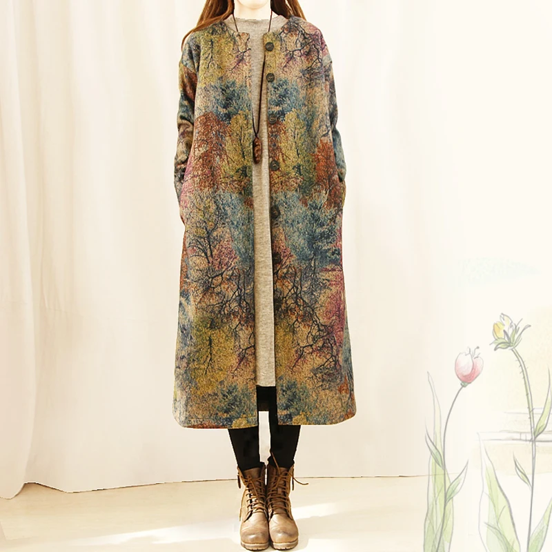 Coat Women 2019 Spring Autumn Vintage Woolen Outerwear Female Print Thickening Overcoat Loose Trench Casual Long Jackets E15189