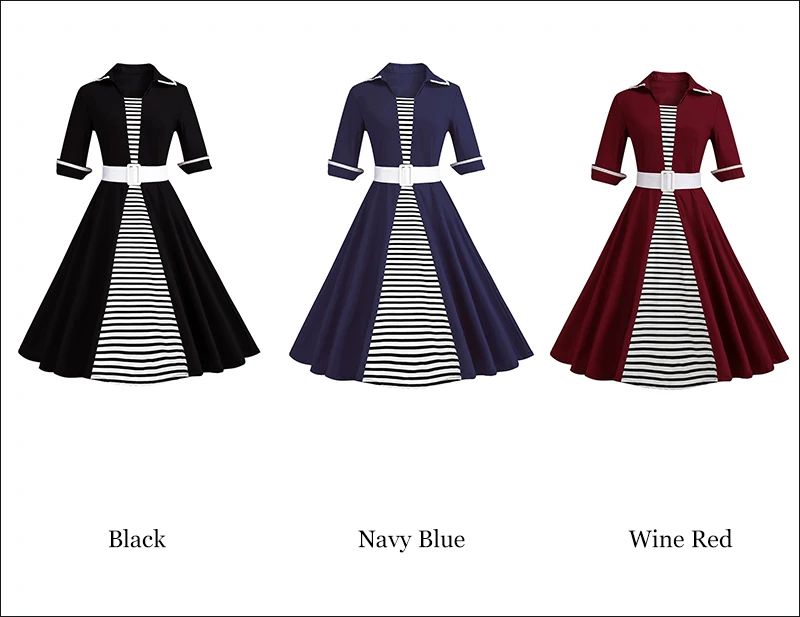 Kostlich Striped Women Autumn Dress 2017 Half Sleeve Audrey Hepburn 1950s Vintage Dress Belt Tunic Swing Party Dresses Plus Size (24)