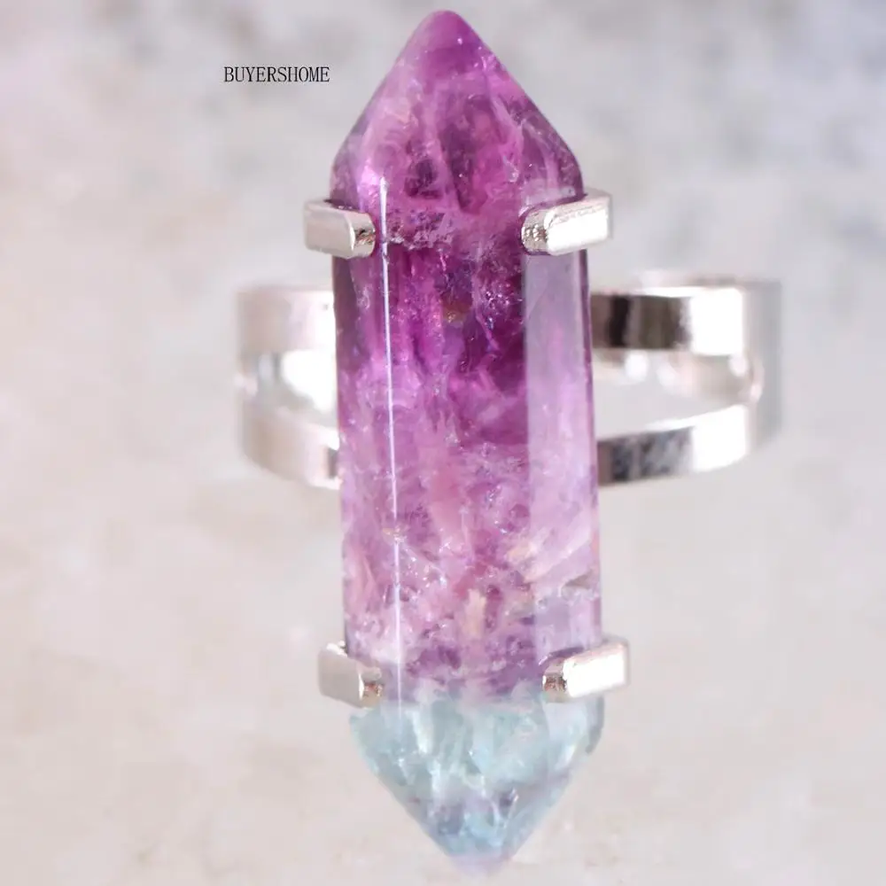 

Silver Color Handmade Jewelry For Women Gift Natural Stone Hexagonal Bead Purple Fluorite Finger Ring Adjustable 1Pcs Z061