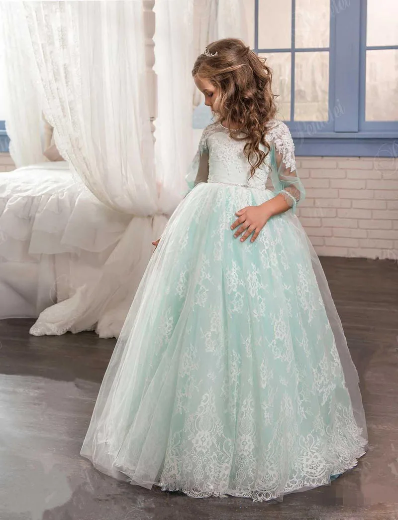 2018 Romantic Mint Green Tulle Flower Girl Dress for Weddings Party First Communion Kids Princess Pageant Gown | Детская одежда и