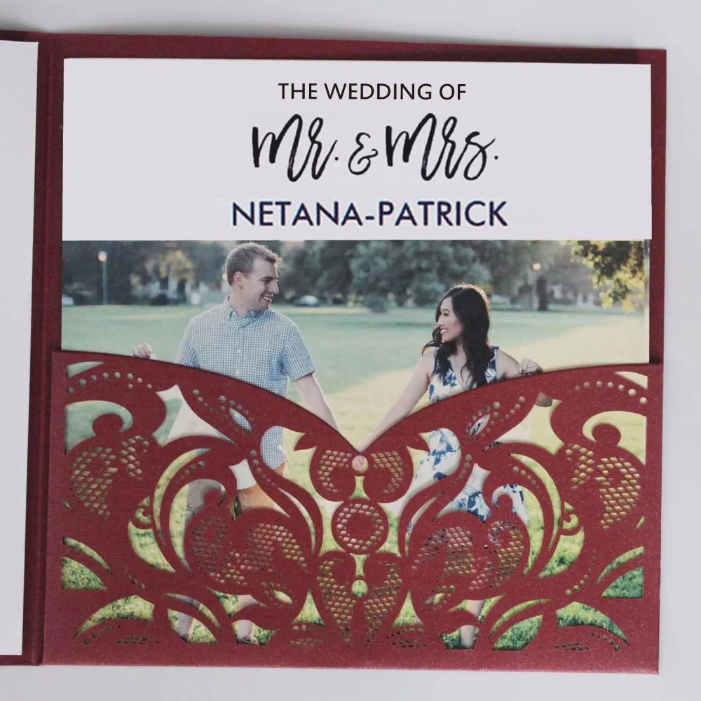 Elegant Laser Cut Wedding Invitation Set Wine Red Pocket Fold Invitation Unique Wedding Invite With Photo
