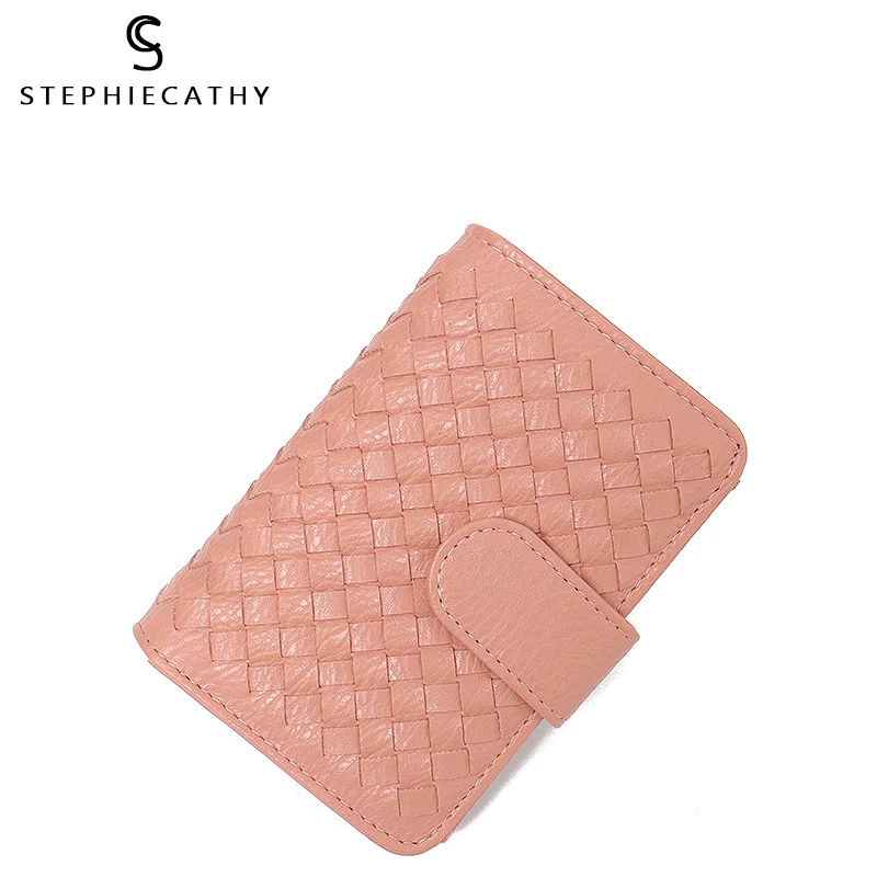 

SC Brand Designer Women PU Short Wallet Handmade Woven Vegan Purse Handbag Button Candy Color Functional Cash Photo Card Holders