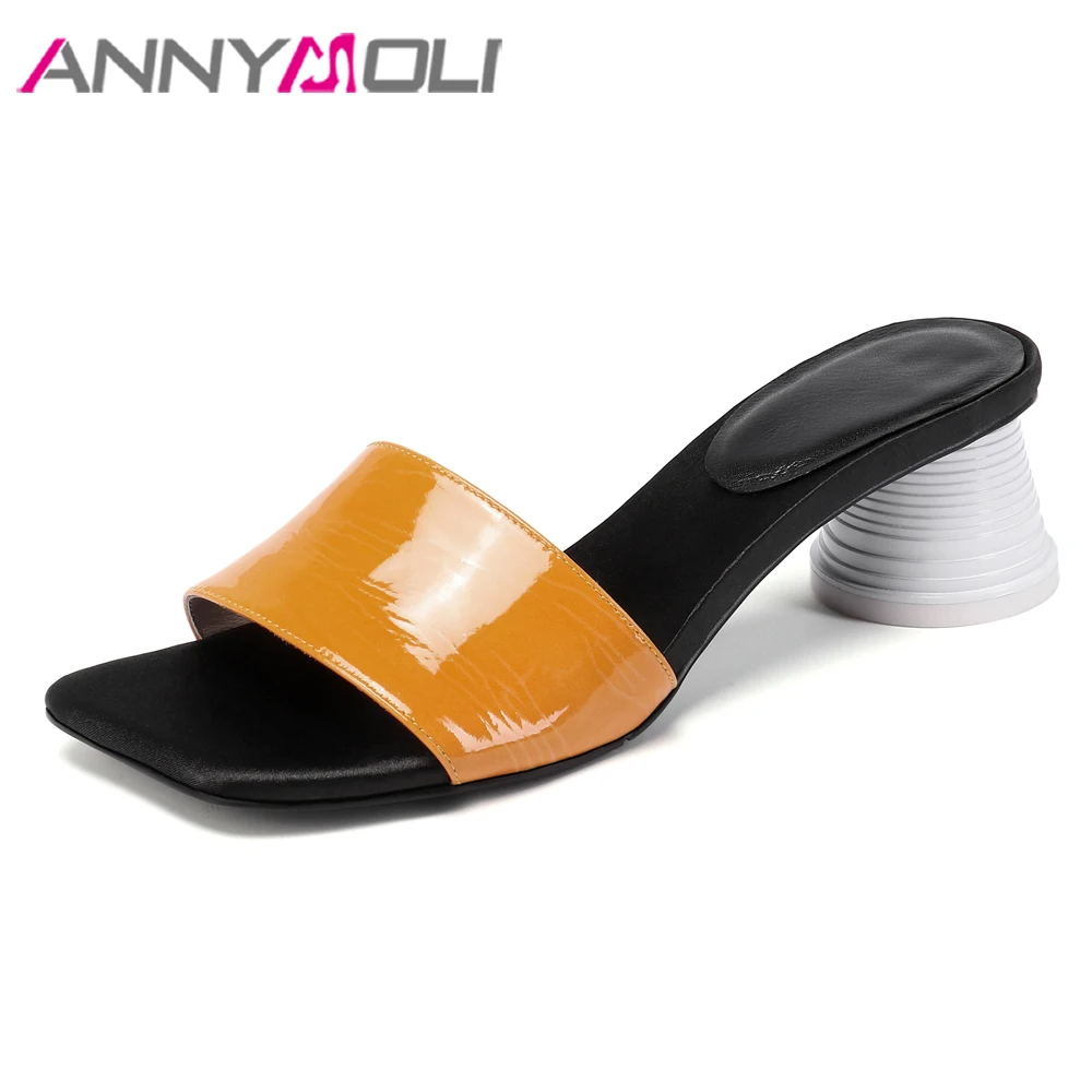 

ANNYMOLI Women Shoes Spring Summer Cow Leather Shoes High Heels Slippers Square Toe Sandals Ladies Fashion Slides Black 34-39